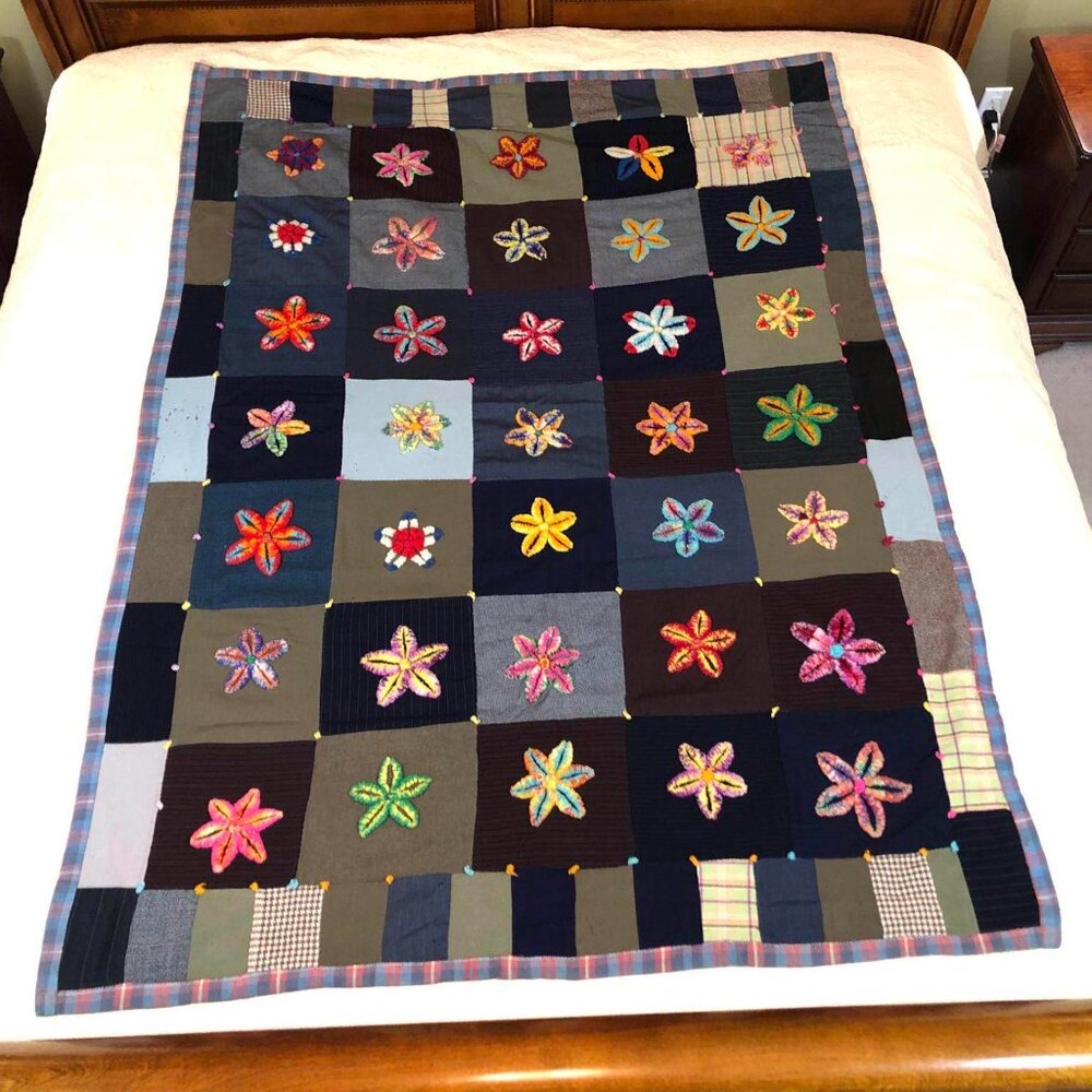 Multicolored crewel star patchwork quilt